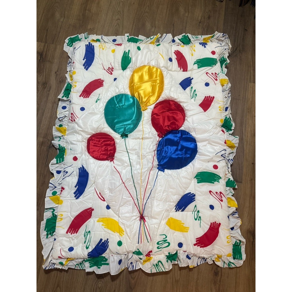 VTG 80's/90's Satin Baby Crib Blanket Balloon Splash Ruffle Quilt Thick 37"x48"